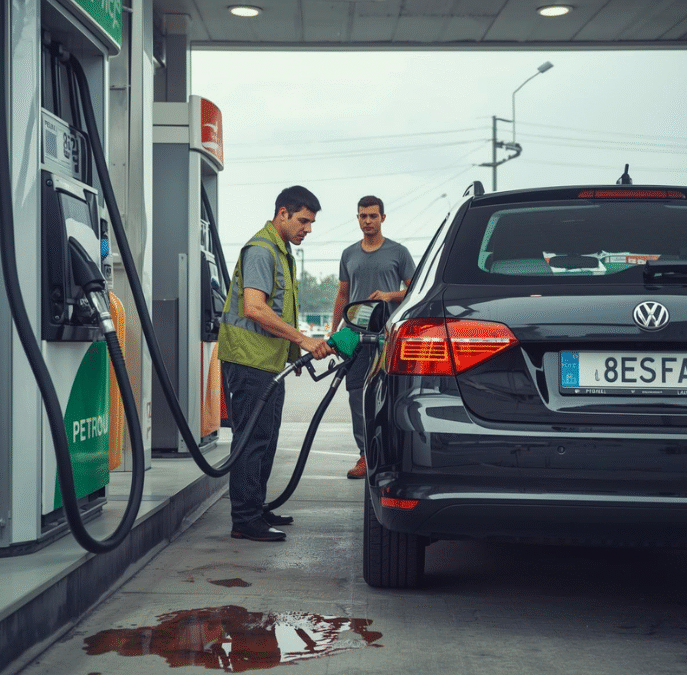A gas station attendant refuelling a car while the customer stands nearby.