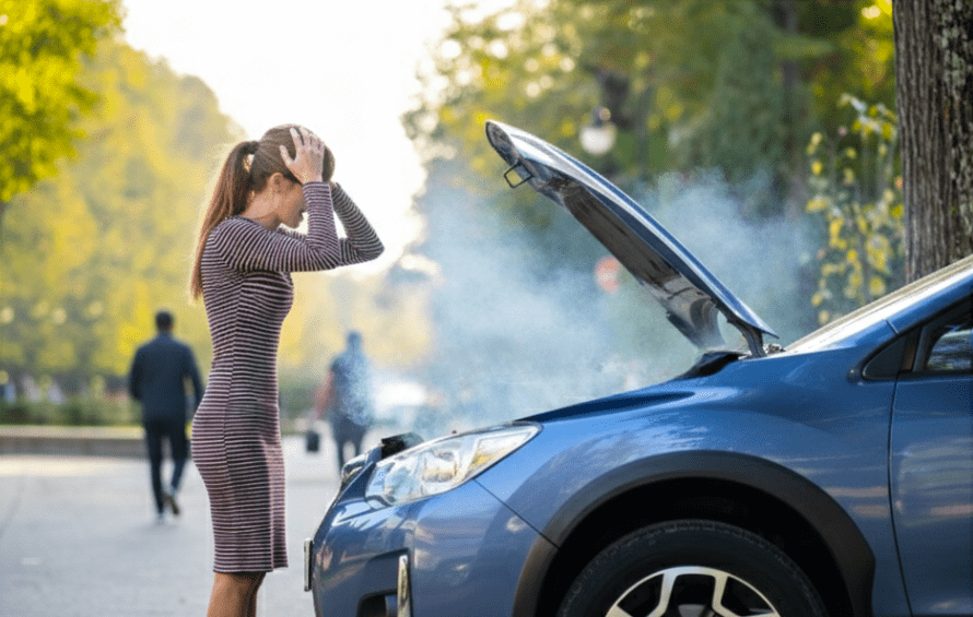 A distressed woman holding her head in frustration as she discovers her car has been damaged after accidentally putting the wrong fuel in it.