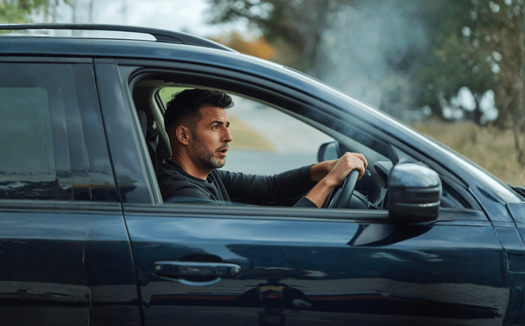 A man sitting inside the car while smoke comes from the car’s engine.