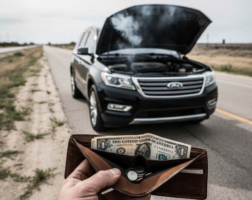 A broken-down car with a person holding an open wallet, showing money and coins inside.