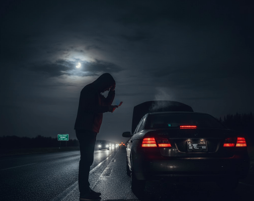 A man standing beside his stalled car in the dark, looking on a piece of paper.