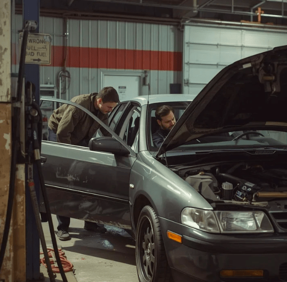 Car mechanic and driver in a car with a broken engine.