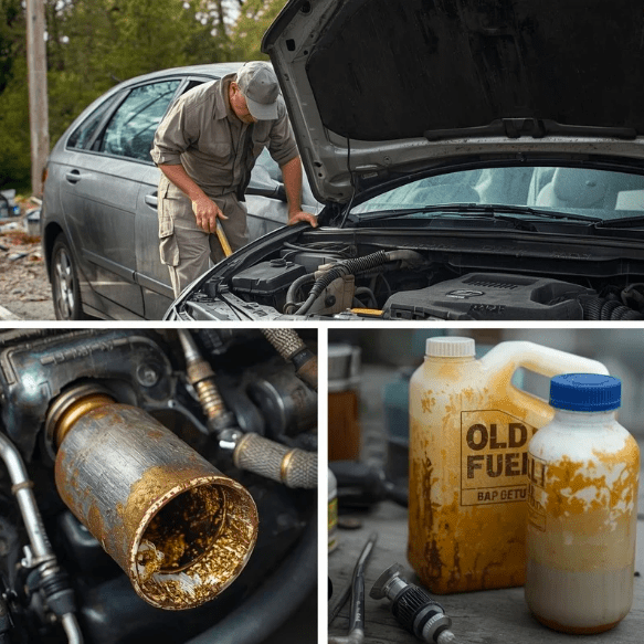Mechanic checking engine damage caused by corroded fuel pump and old, contaminated fuel.