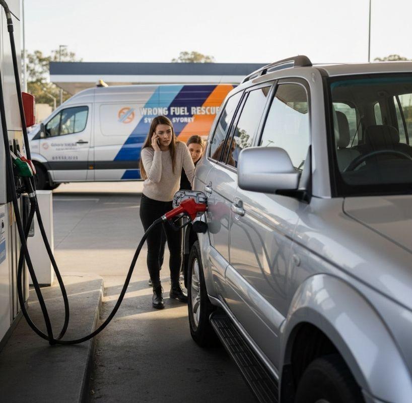Driver calling for assistance at a petrol station due to fuel-related issues.