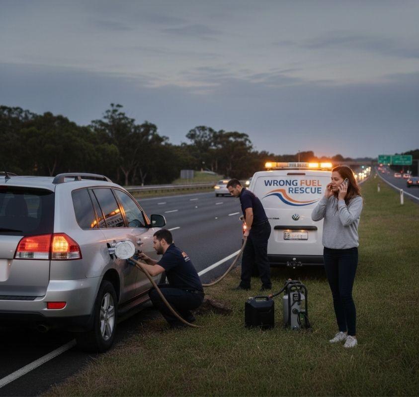 On-site wrong fuel rescue helping a woman after her car stalled on the road.