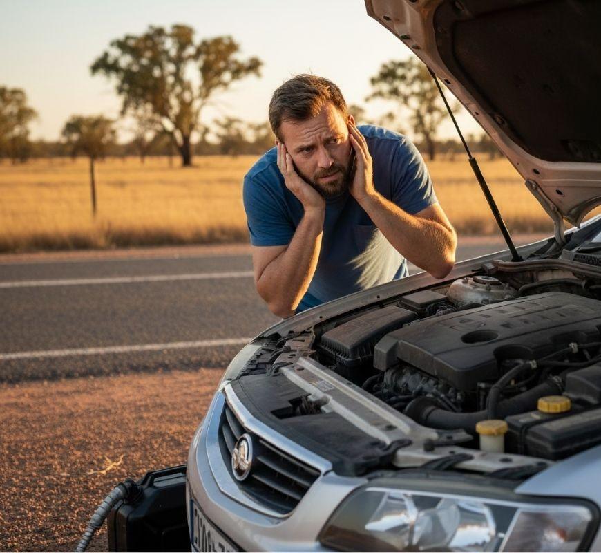 Driver covering his ears in frustration while looking on this car engine. 