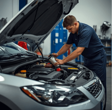Man replacing the engine’s fuel pump.