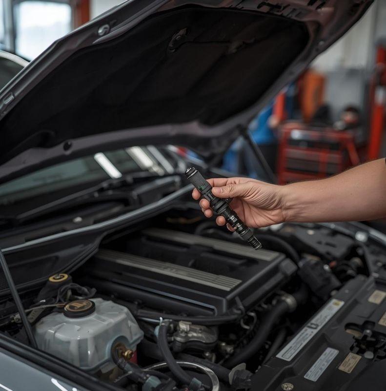 Hand holding a fuel injector. 