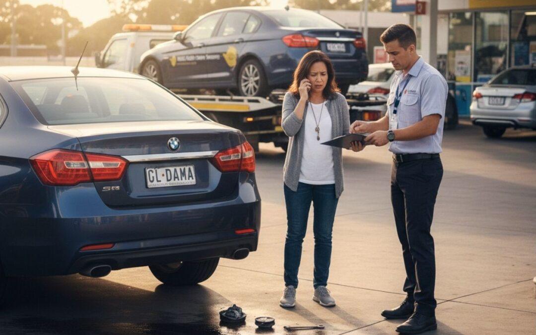 A man and woman standing beside their vehicle, looking concerned while calling for roadside assistance.