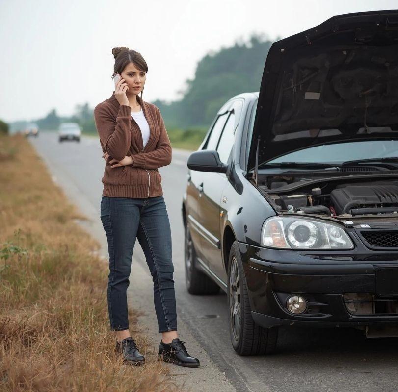 A woman standing beside a damaged car while calling for roadside assistance.