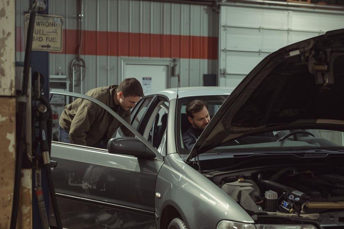 Two men inspecting a car’s engine with the hood open.