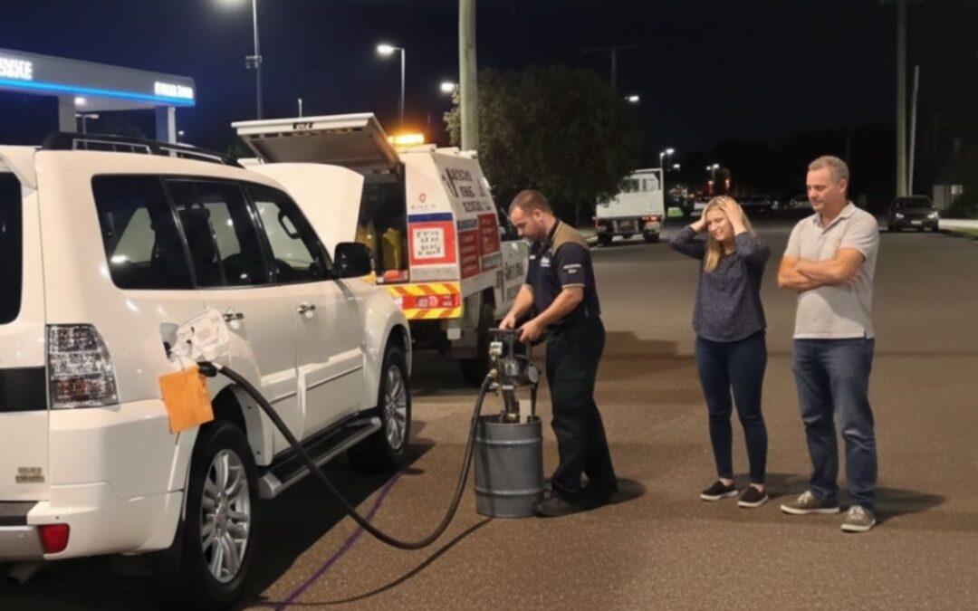 A woman and man looking stressed beside their vehicle while a mechanic works on it.