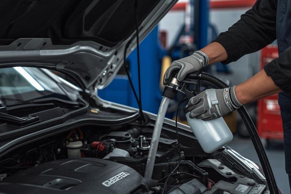 Mechanic using a fuel extraction pump to drain fuel from a car’s engine system.