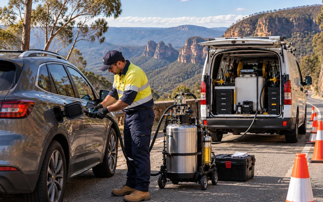 Mobile wrong fuel recovery technician attending a vehicle in the Blue Mountains NSW